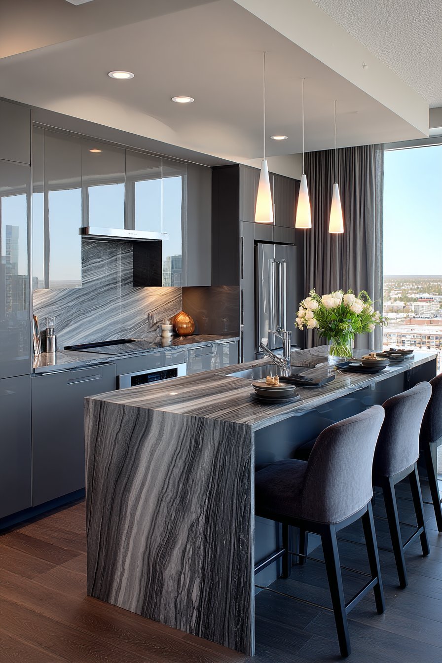 High-Gloss Grey with Marble-Look Porcelain