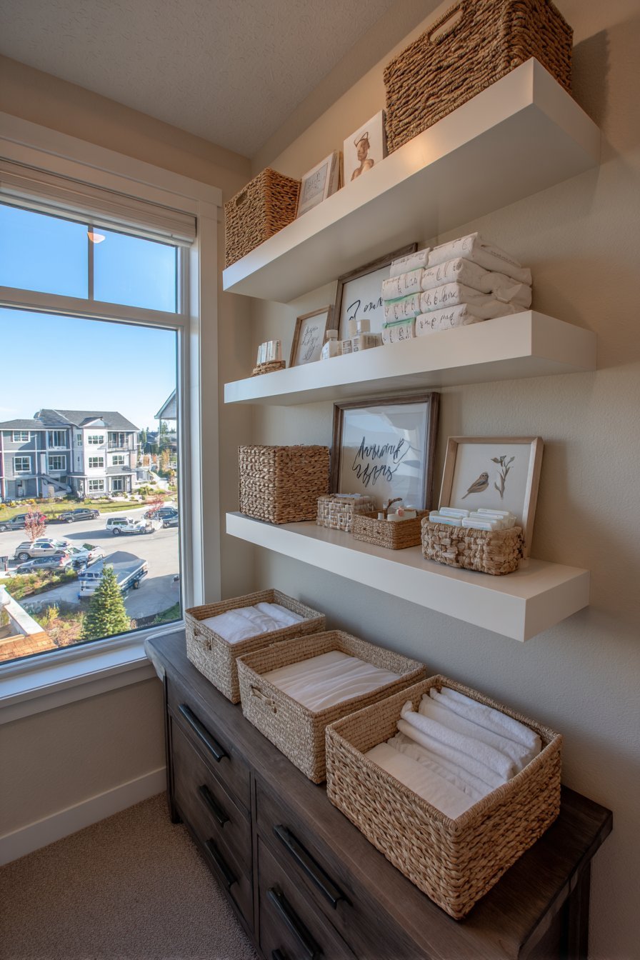 Space-Saving Floating Shelves Above Changing Table