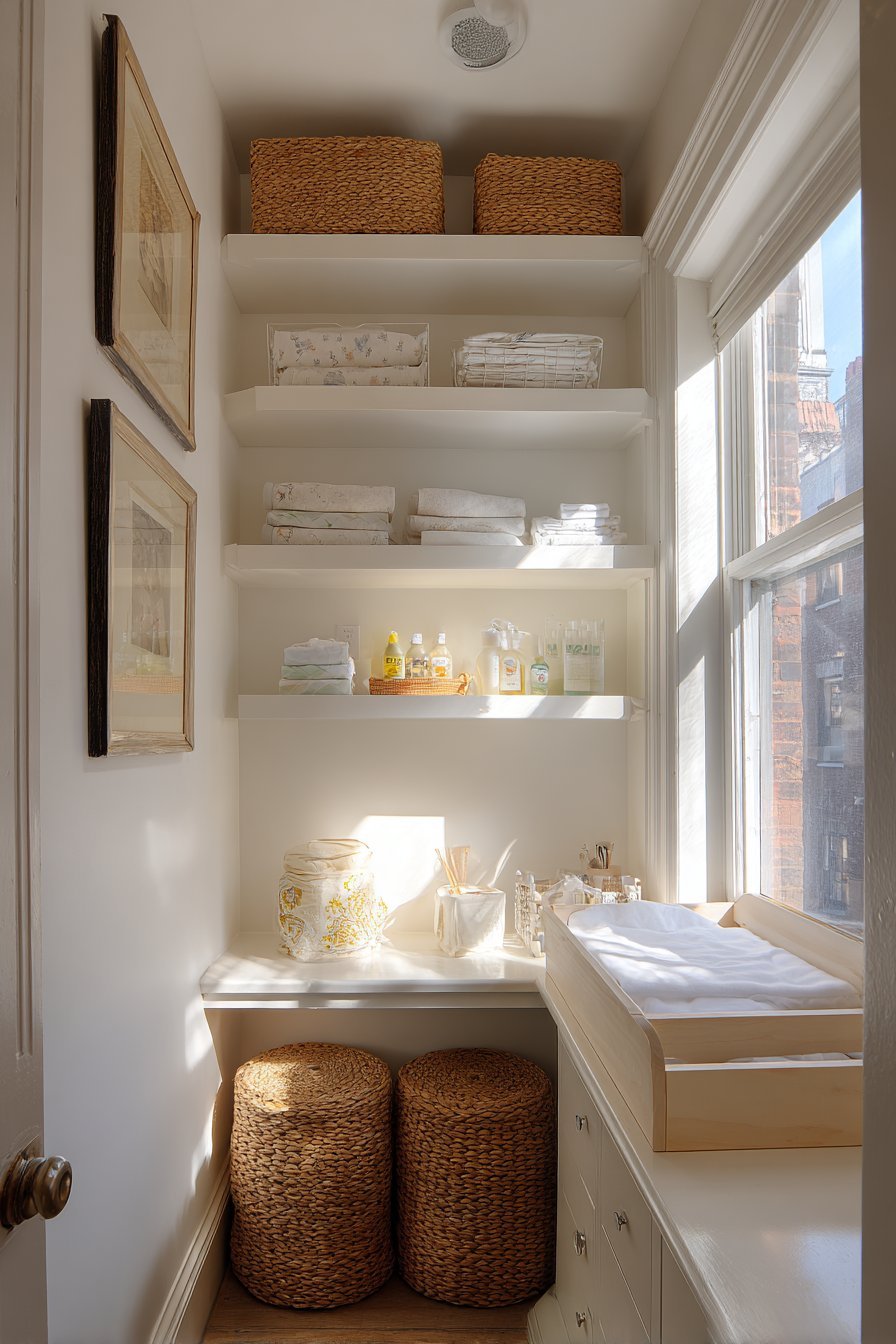 Space-Saving Floating Shelves Above Changing Table