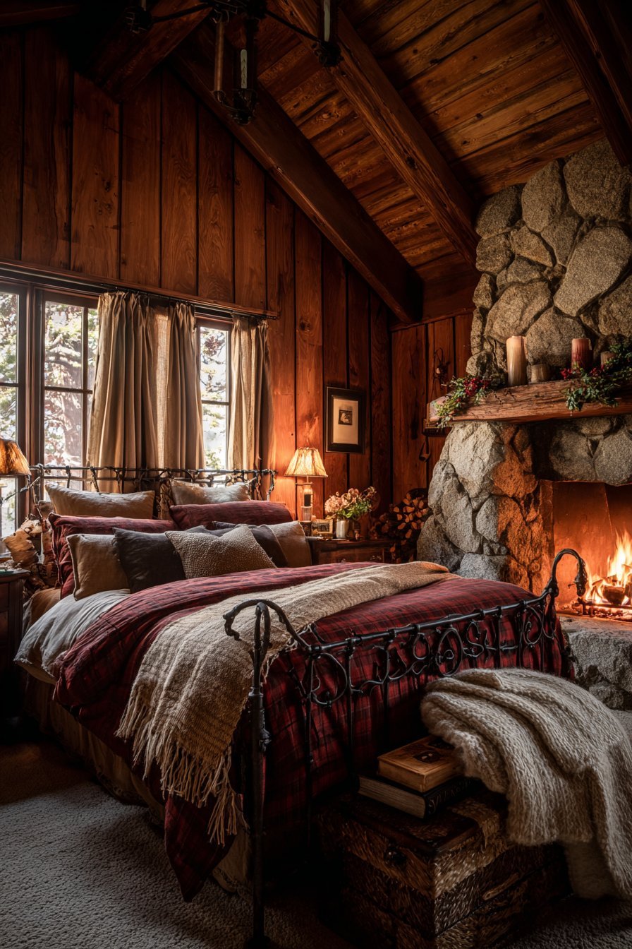 Cedar-Paneled Cabin with Corner Fireplace