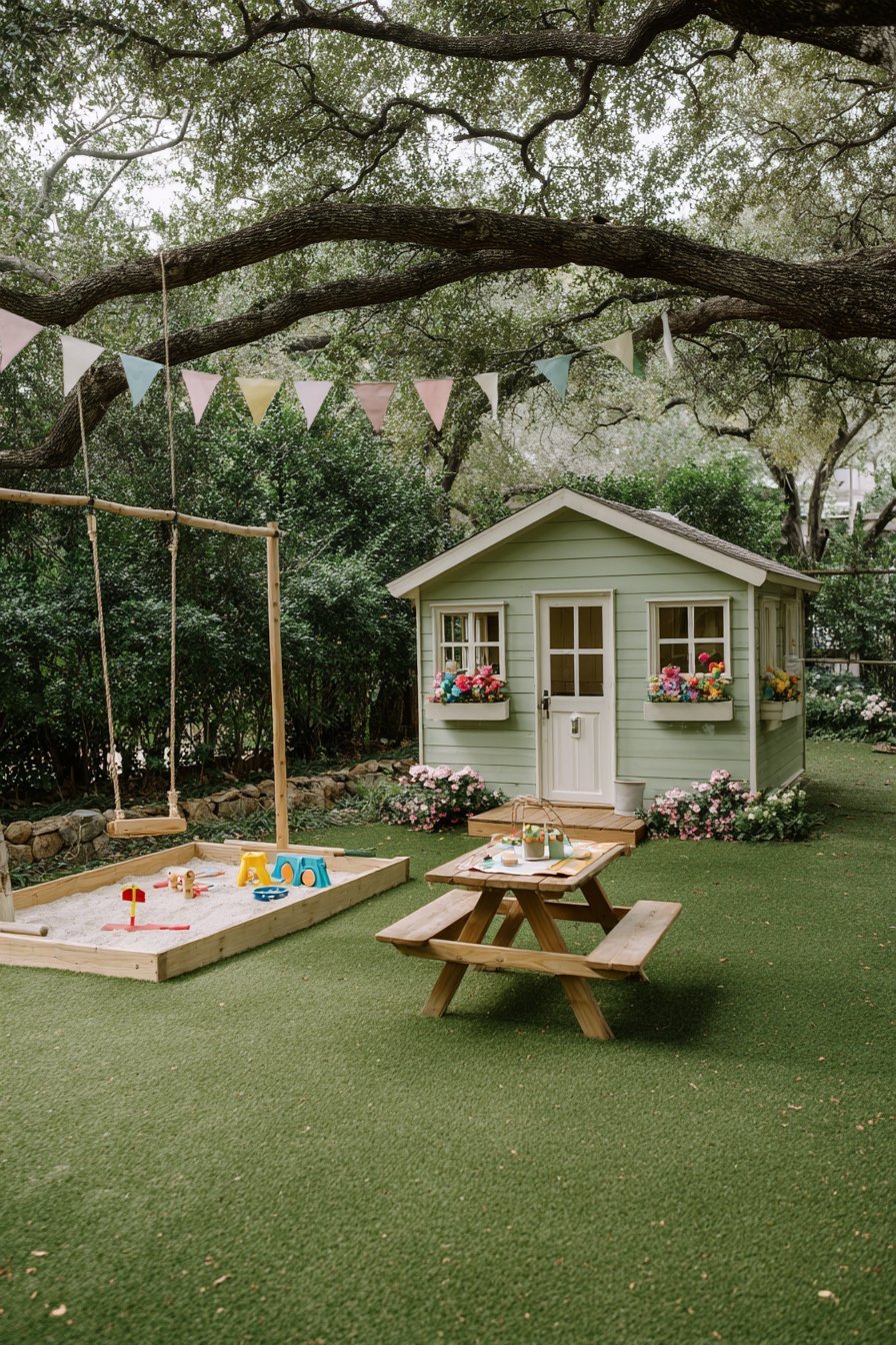 Sage Green Playhouse with Flower Boxes