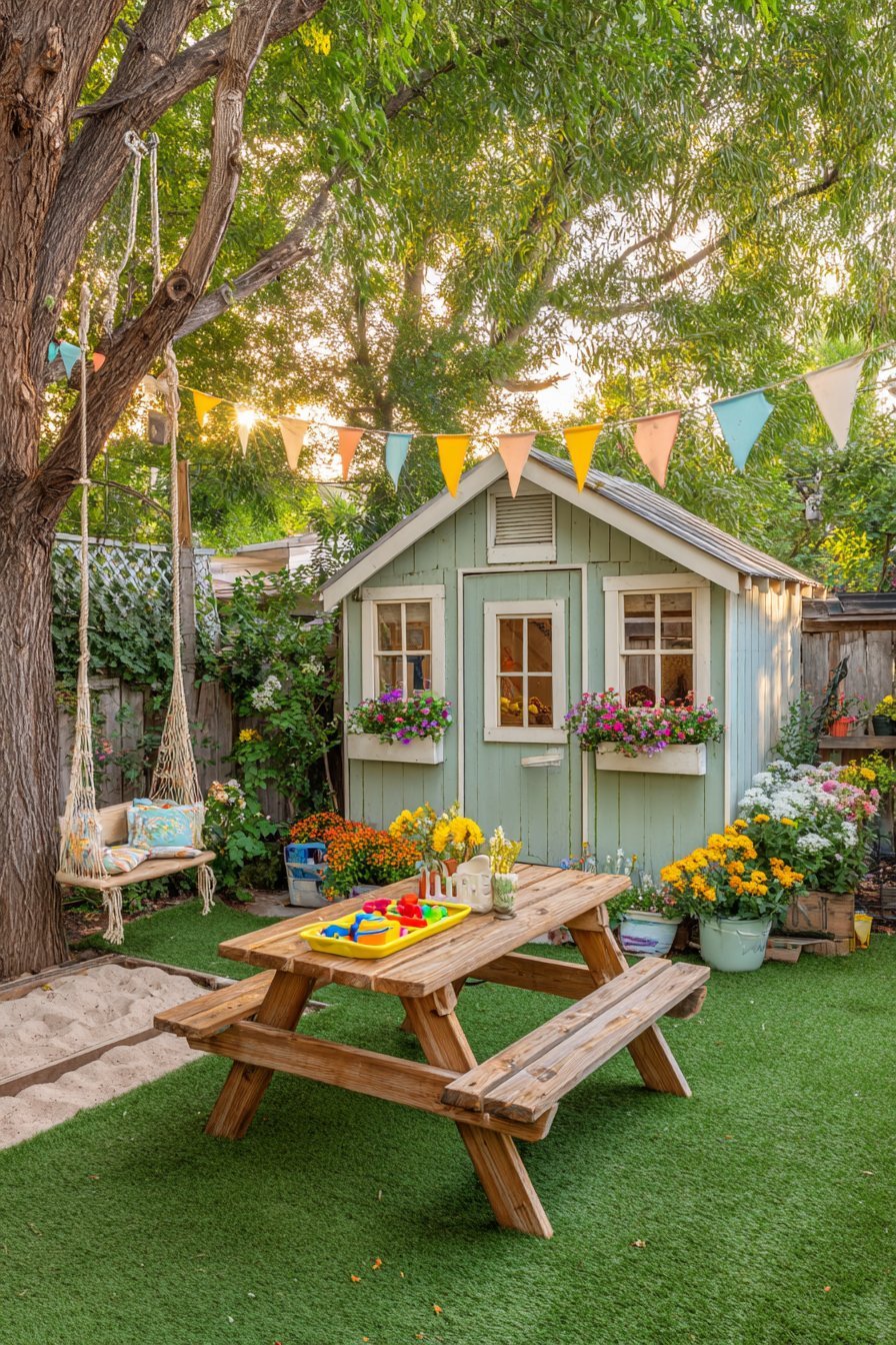 Sage Green Playhouse with Flower Boxes