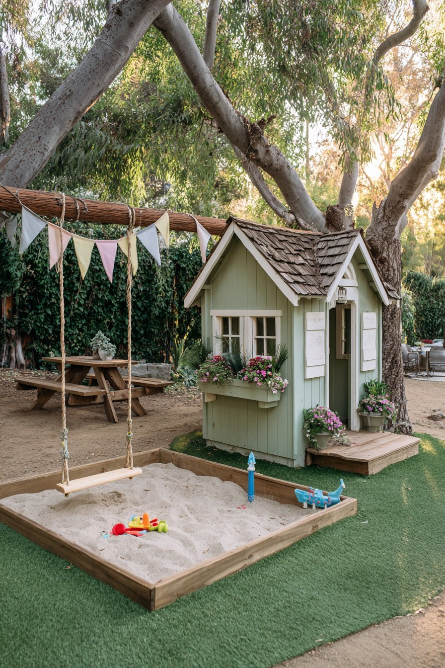 Sage Green Playhouse with Flower Boxes
