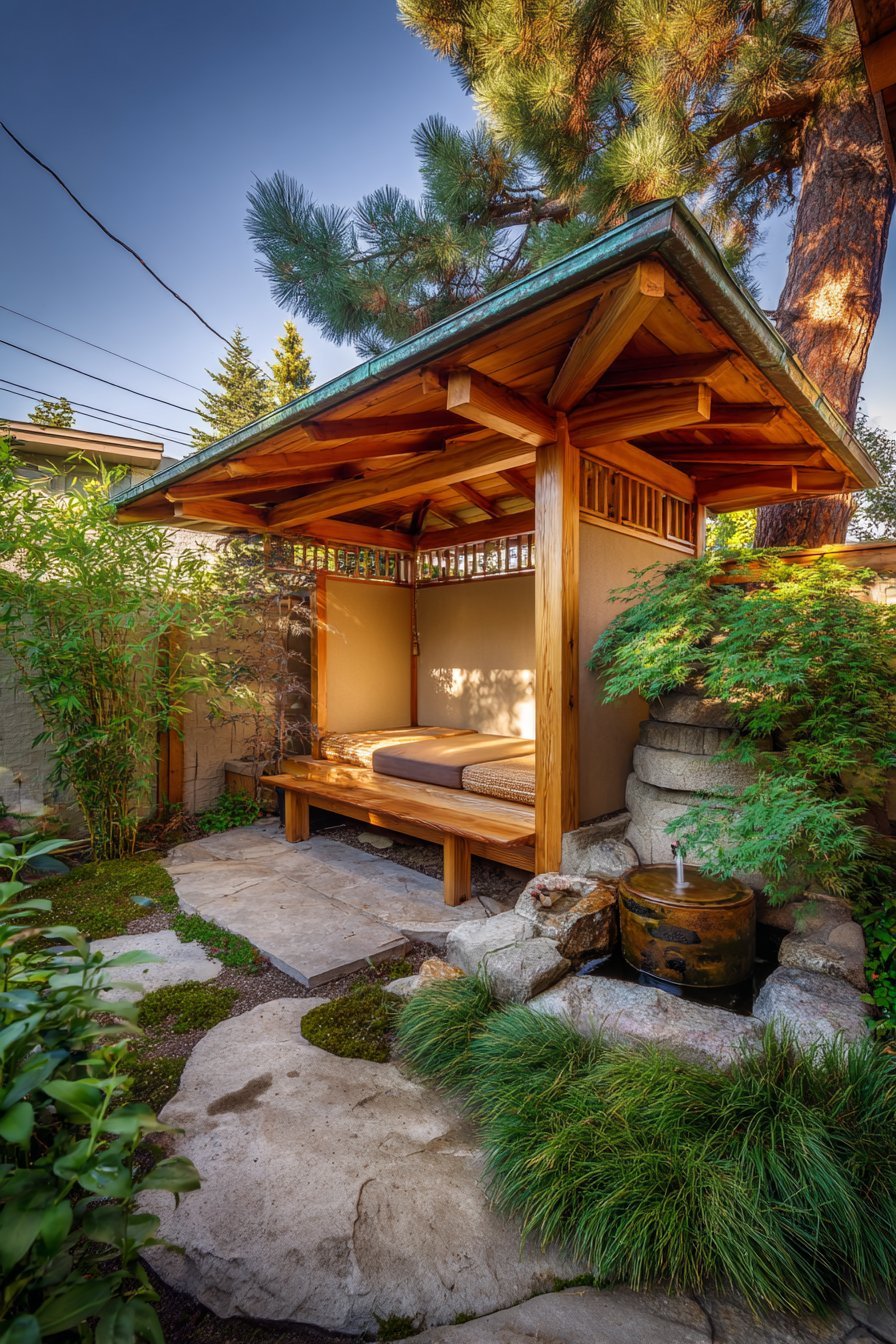 Japanese-Inspired Meditation Garden with Copper-Roof Pavilion