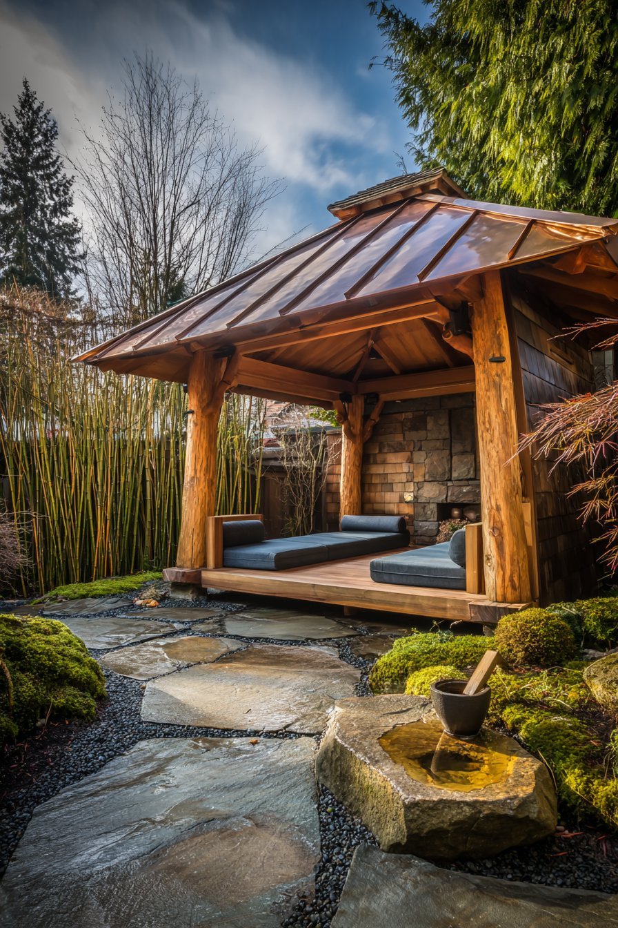 Japanese-Inspired Meditation Garden with Copper-Roof Pavilion
