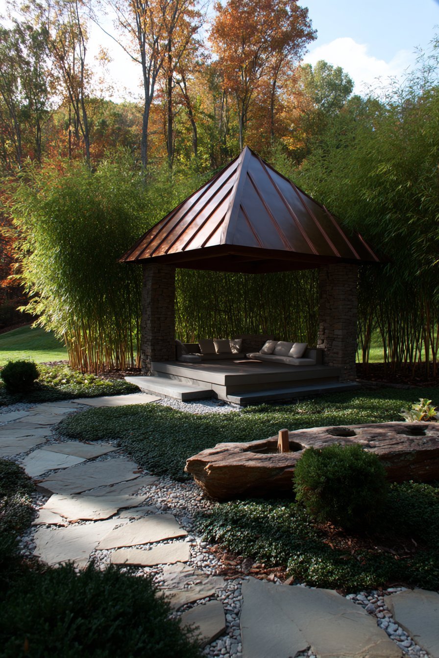 Japanese-Inspired Meditation Garden with Copper-Roof Pavilion