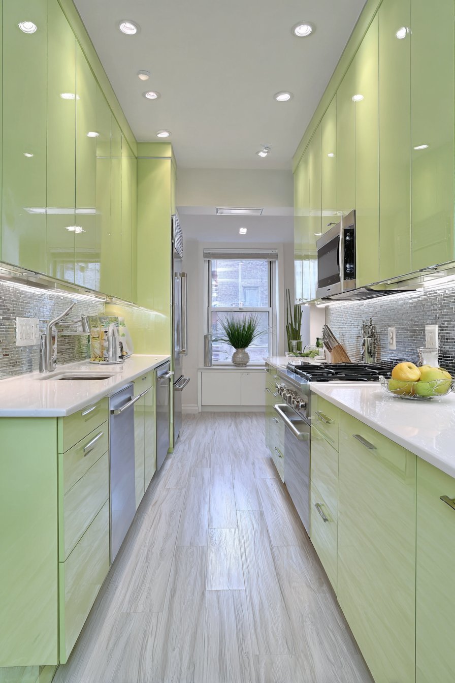 Space-Maximizing Pistachio Galley Kitchen