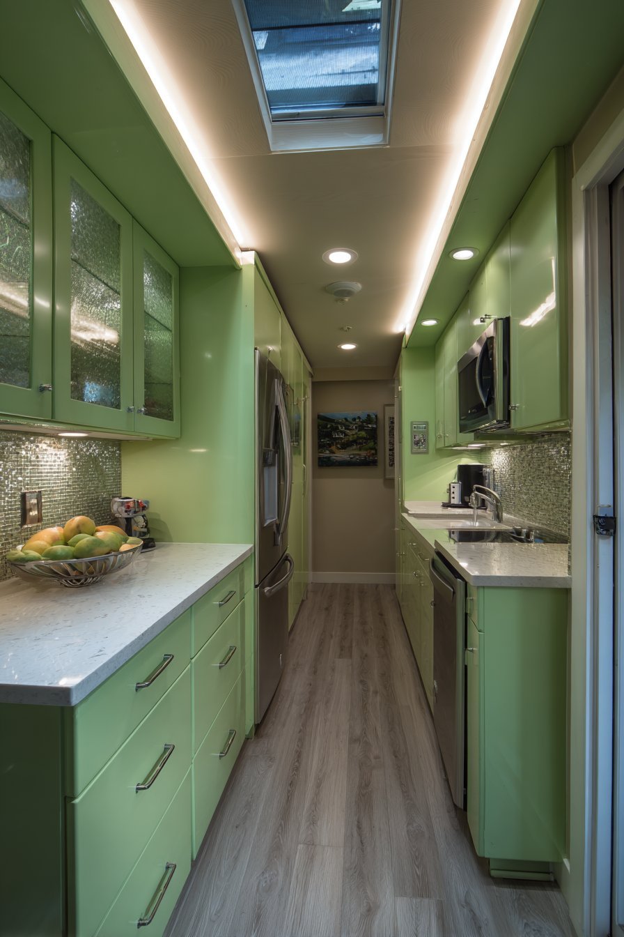Space-Maximizing Pistachio Galley Kitchen