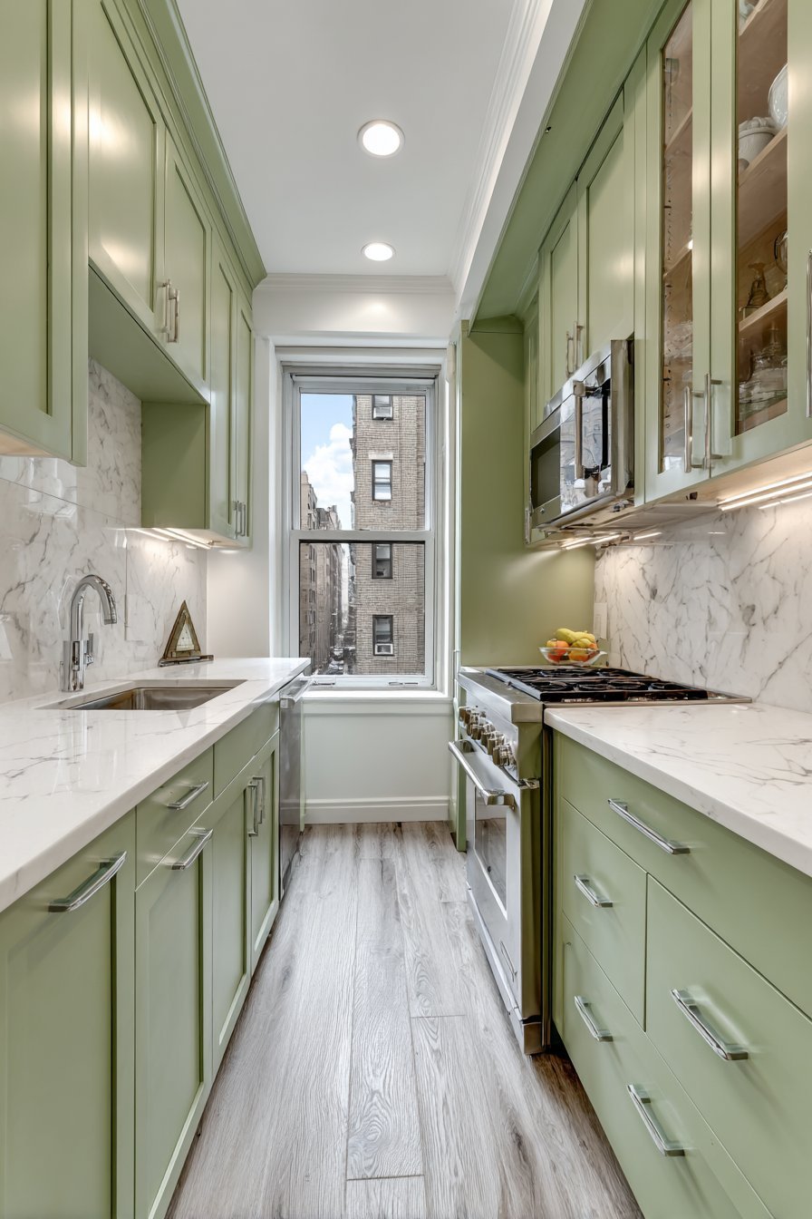 Space-Maximizing Pistachio Galley Kitchen