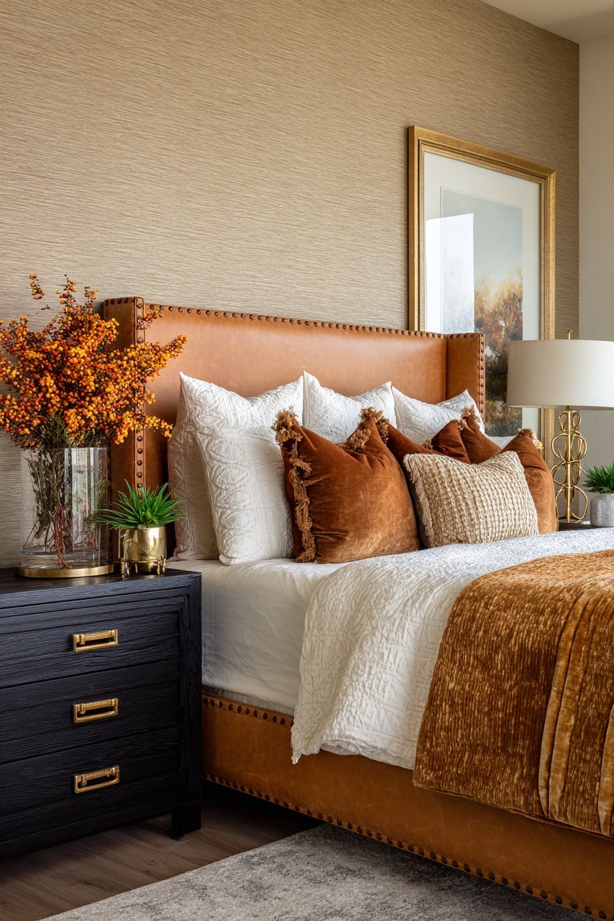 Cognac Leather Luxury with Grasscloth Walls