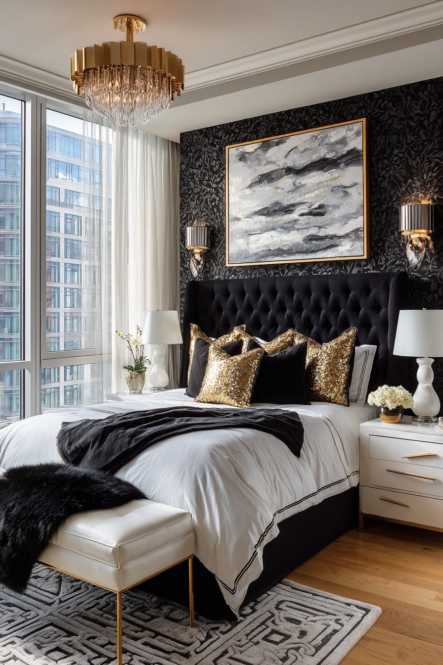 Black white and gold bedroom