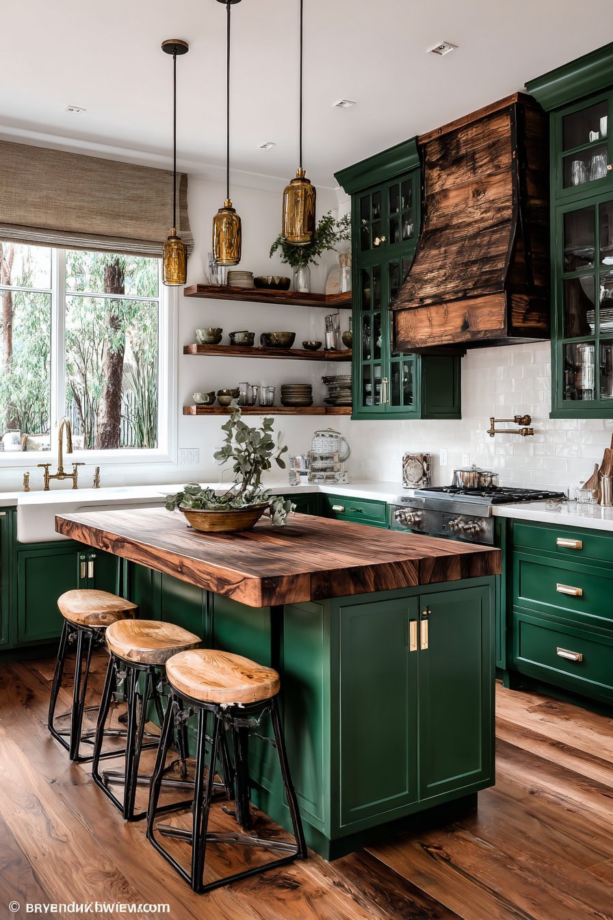 Dark green and wood kitchen