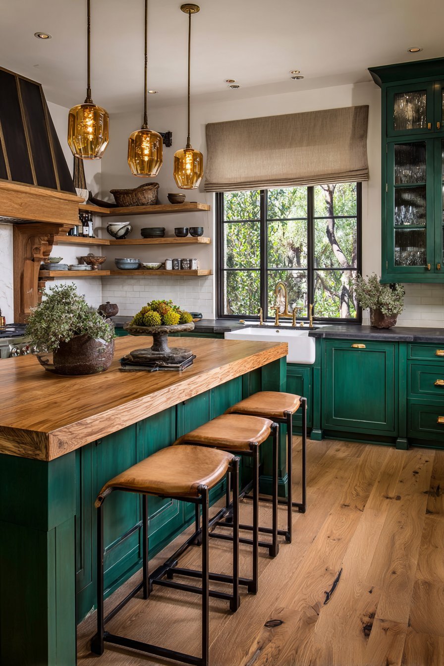 Dark green and wood kitchen