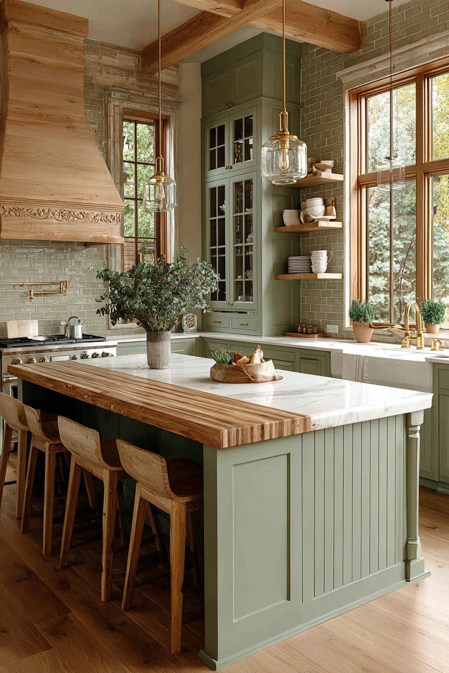 Sage green and wood kitchen