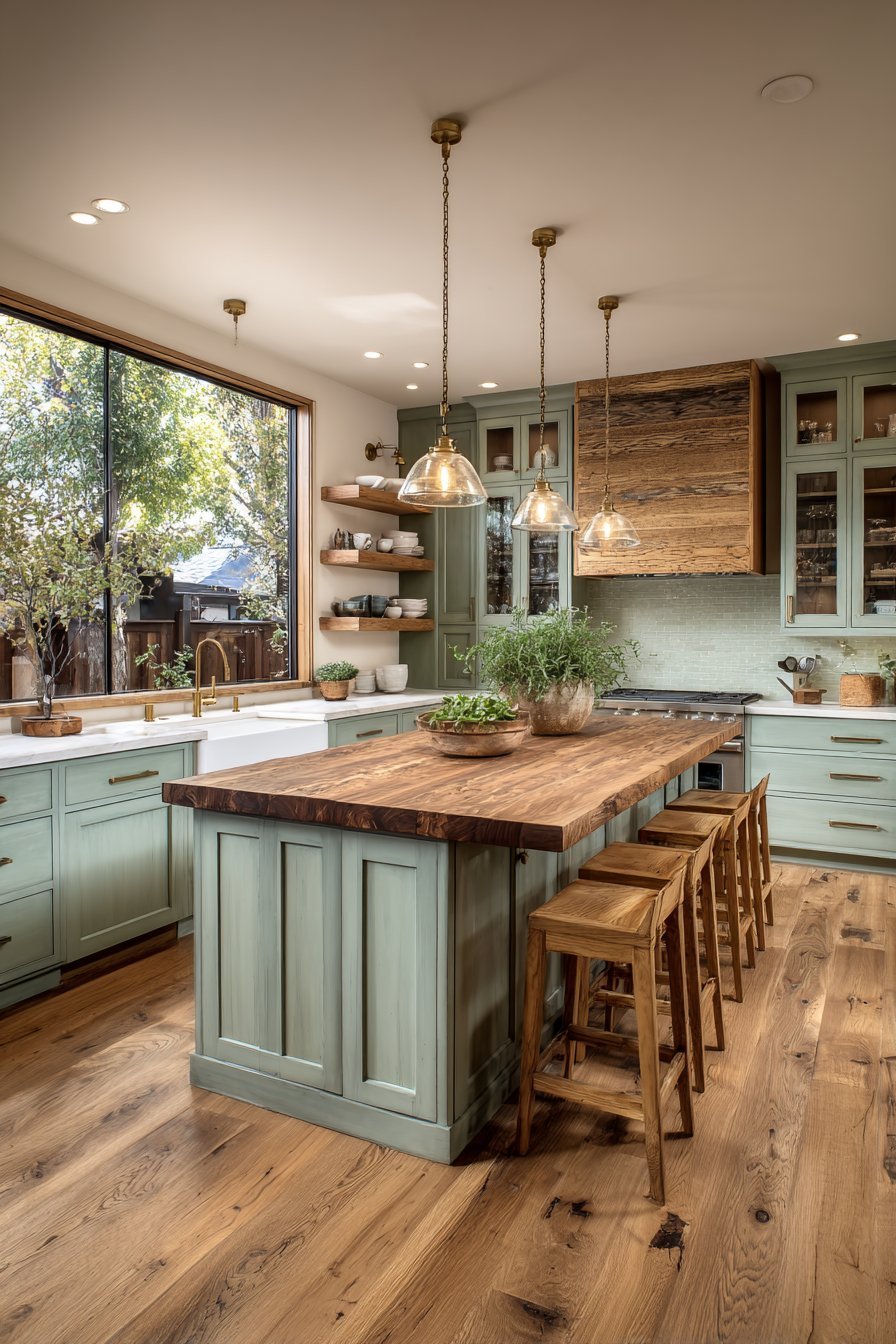 Sage green and wood kitchen