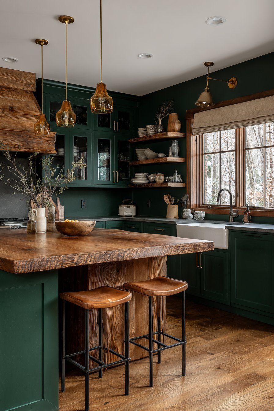 Dark green and wood kitchen