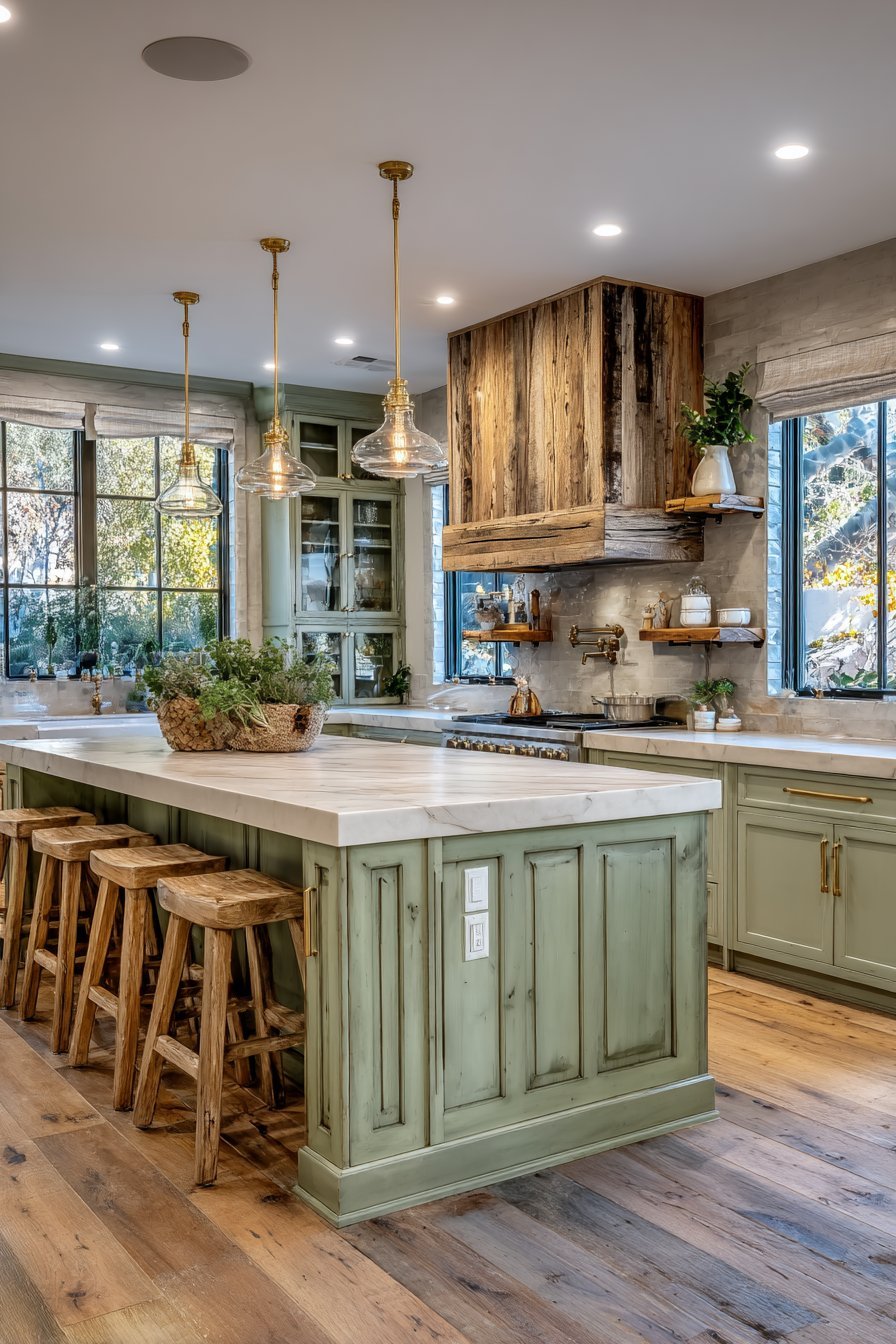 Sage green and wood kitchen