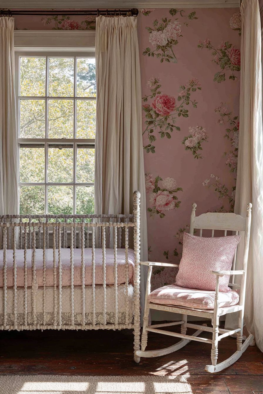 Antique White Crib with Blush Bedding