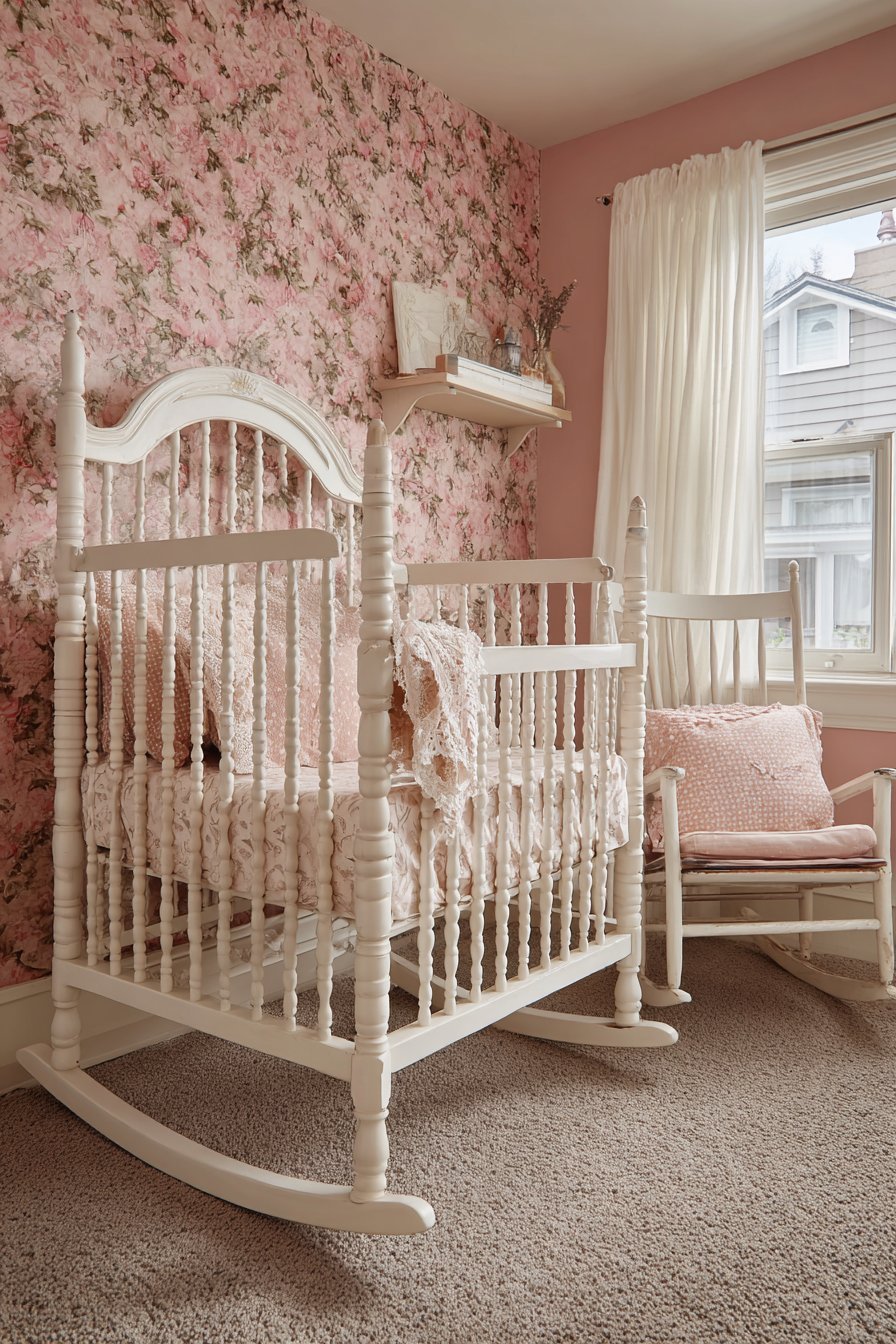 Antique White Crib with Blush Bedding