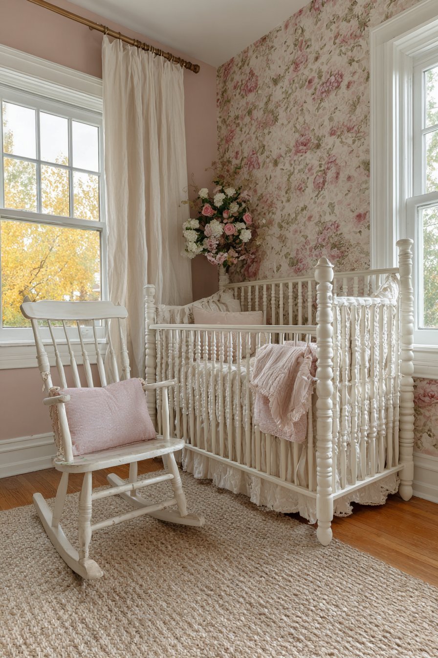Antique White Crib with Blush Bedding