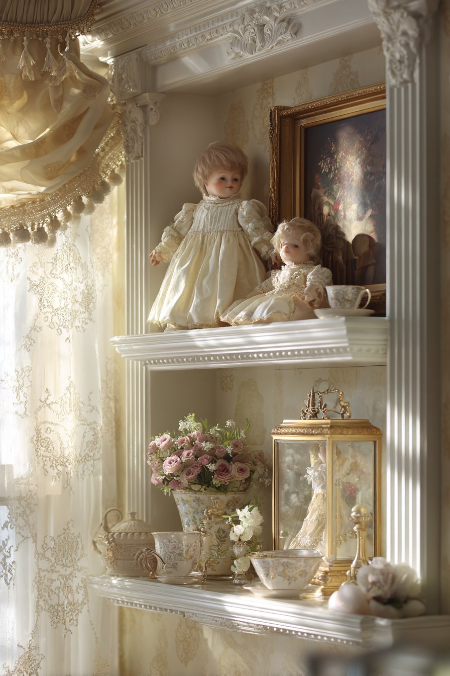 Traditional White Painted Shelves with Ornate Details