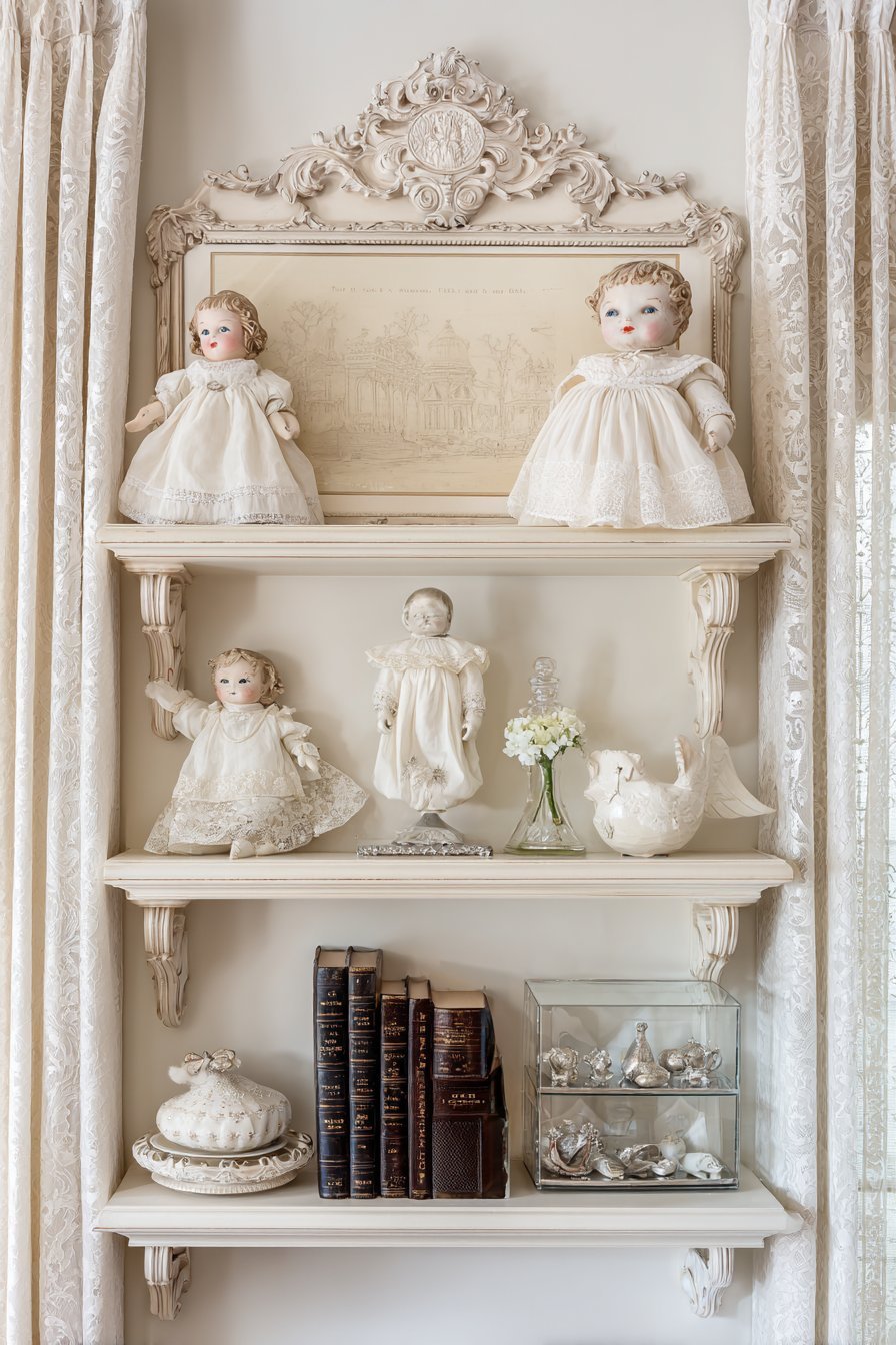 Traditional White Painted Shelves with Ornate Details
