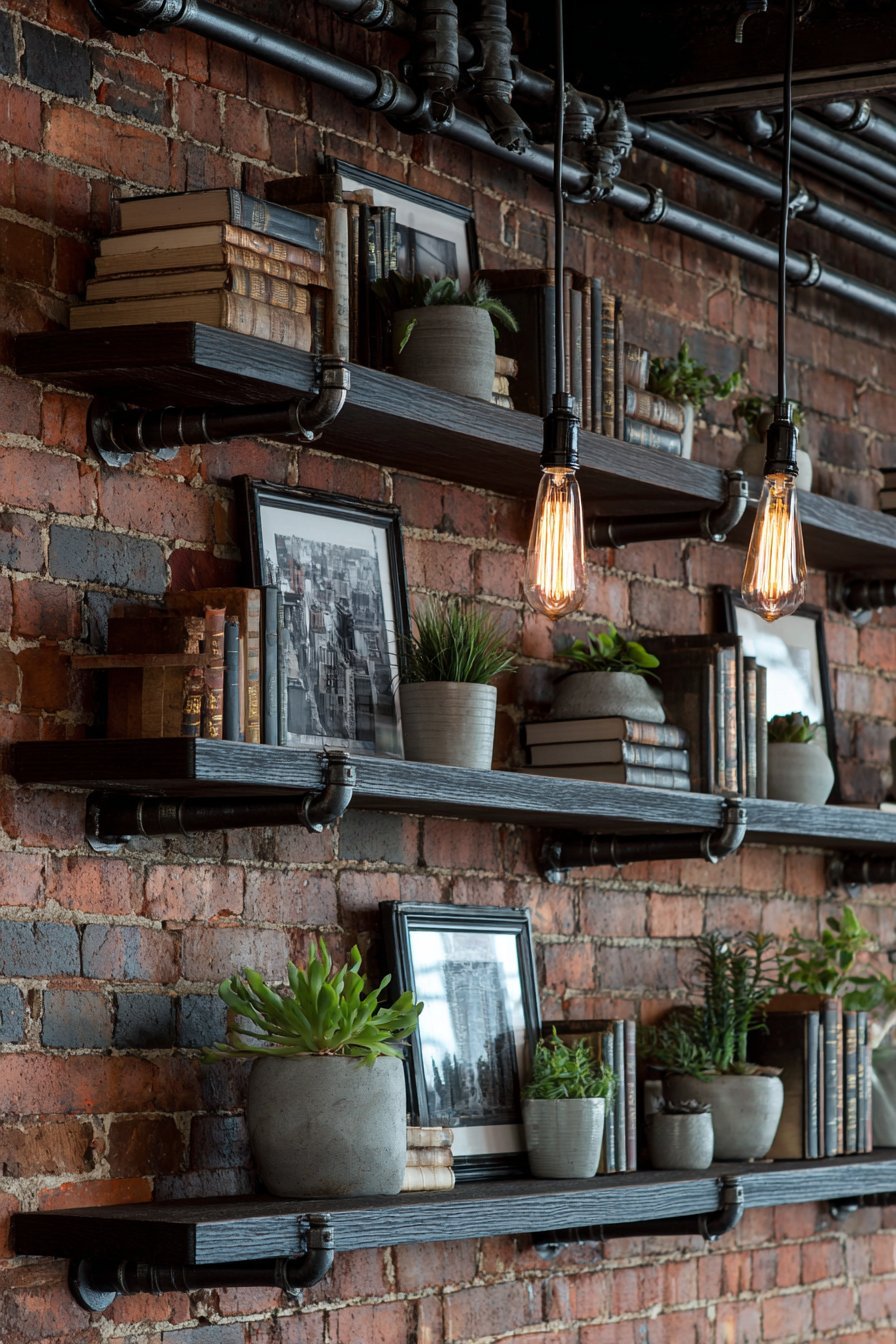 Industrial Loft Exposed Brick and Metal Shelving