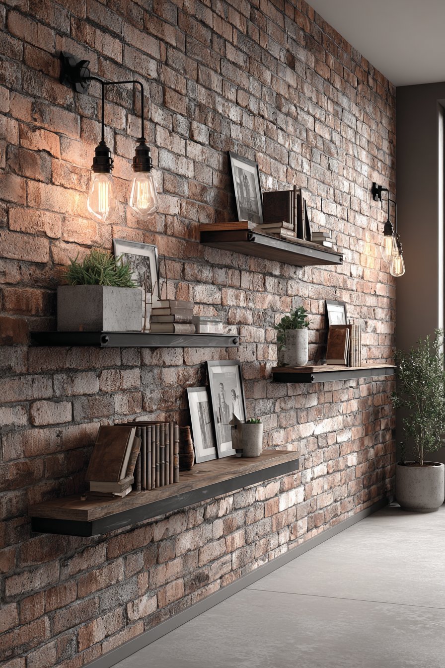 Industrial Loft Exposed Brick and Metal Shelving