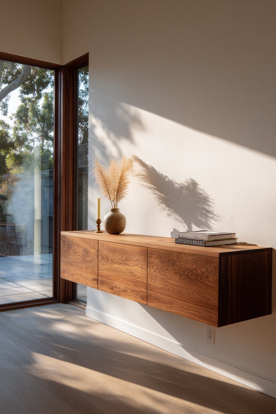 Floating Walnut Console with Curated Display