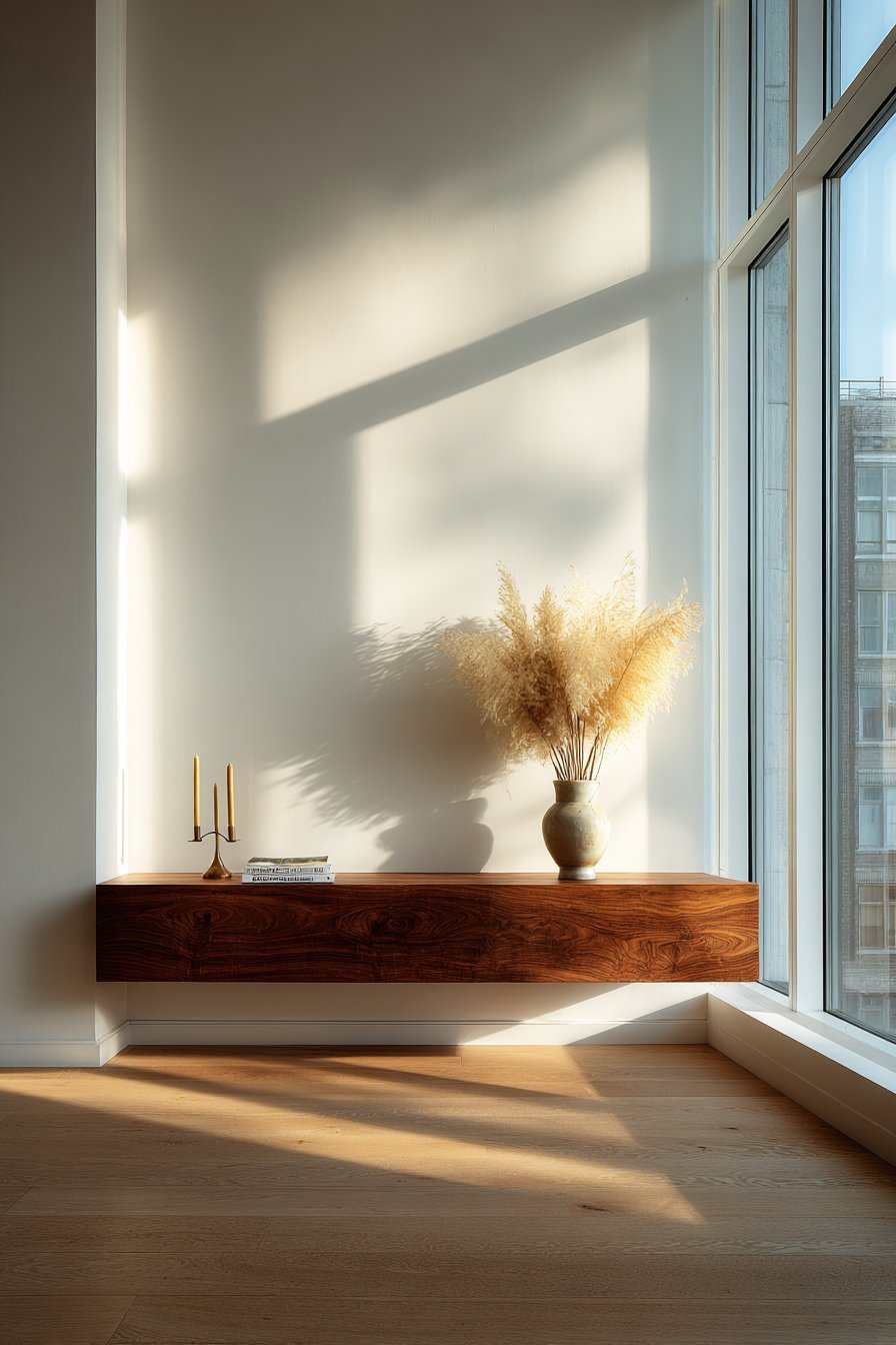 Floating Walnut Console with Curated Display
