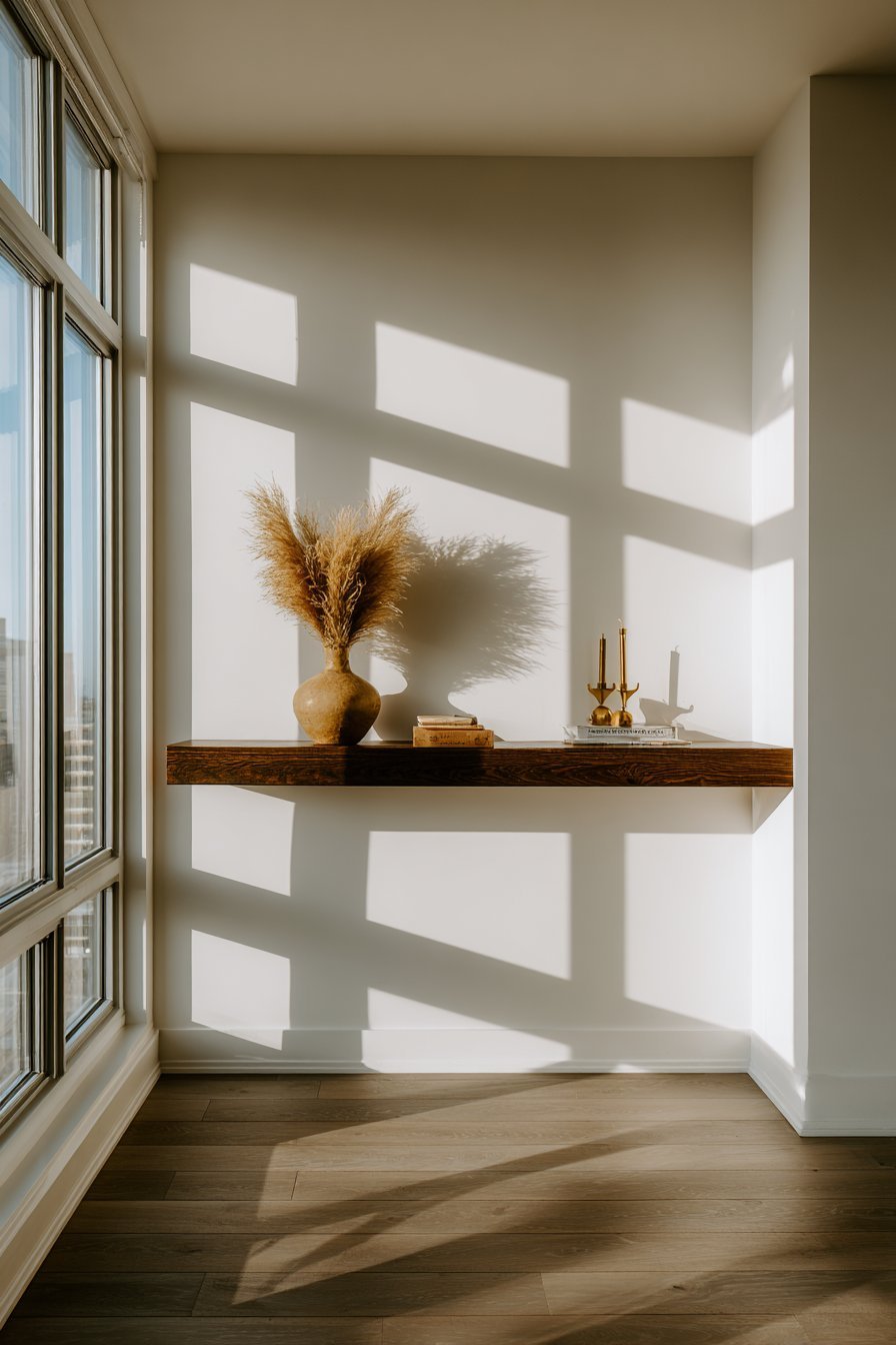 Floating Walnut Console with Curated Display