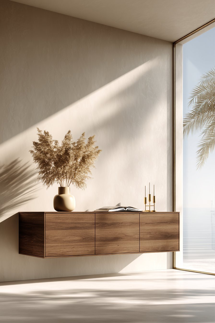 Floating Walnut Console with Curated Display