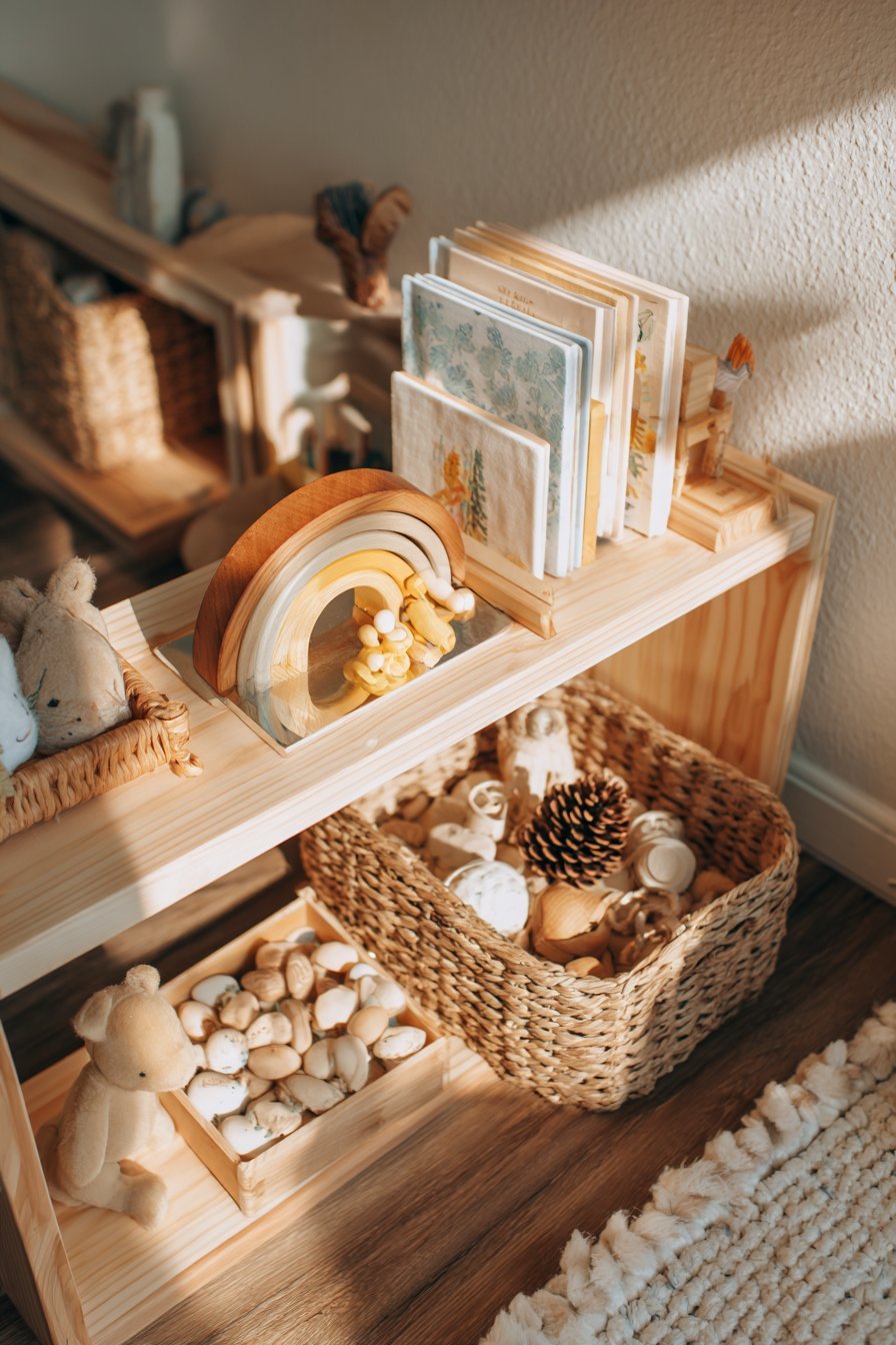 Montessori Low Natural Wood Cube Shelving