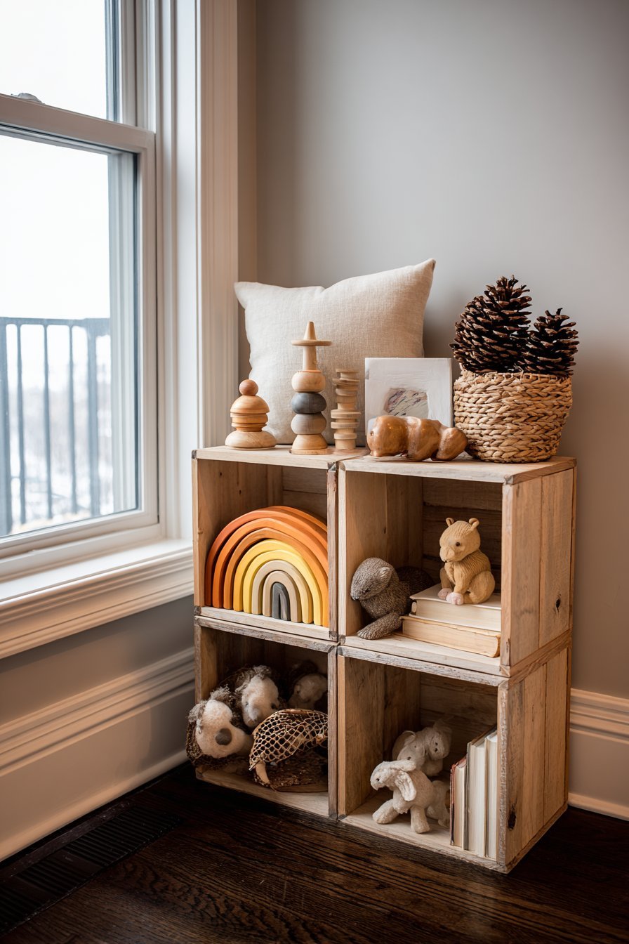 Montessori Low Natural Wood Cube Shelving