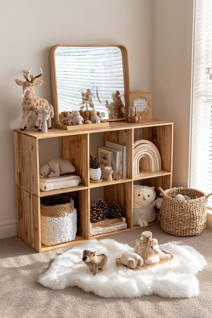 Montessori Low Natural Wood Cube Shelving
