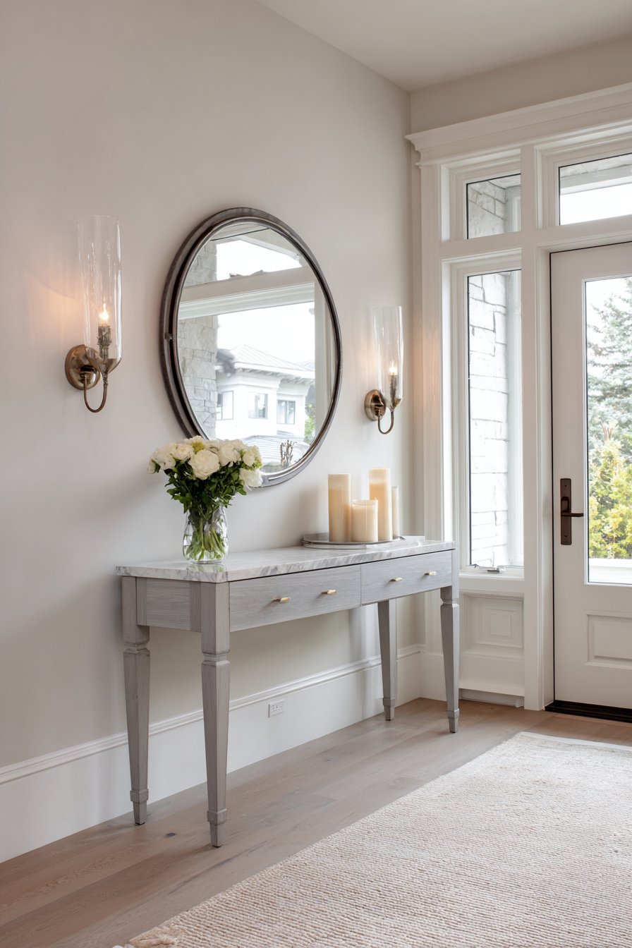 Transitional Circular Mirror with Sconces