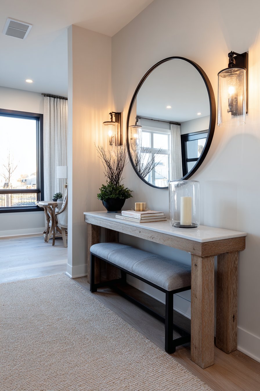 Transitional Circular Mirror with Sconces