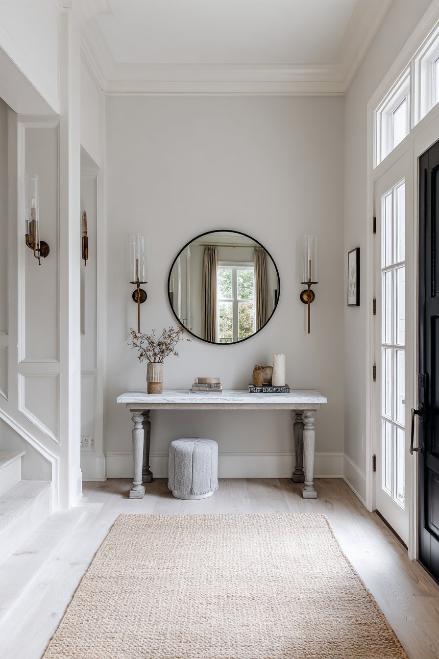 Transitional Circular Mirror with Sconces