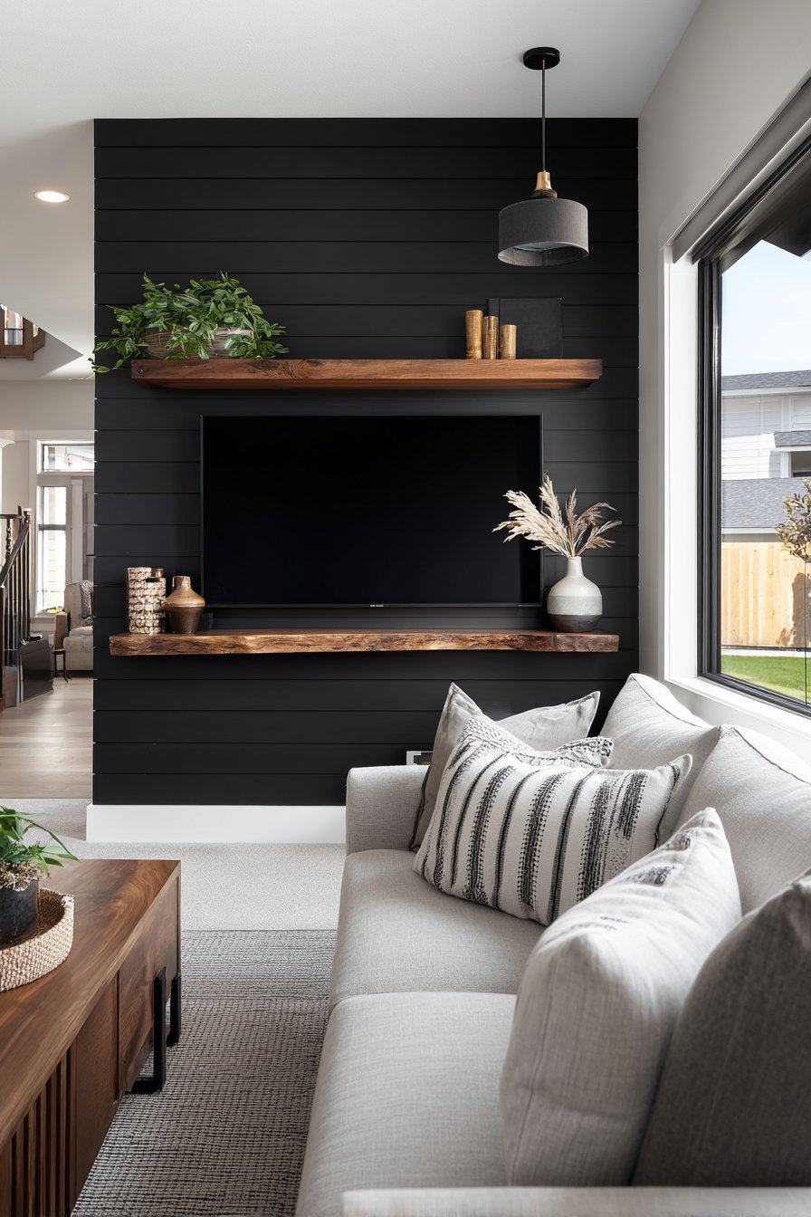 High-Contrast Black Shiplap Feature Wall