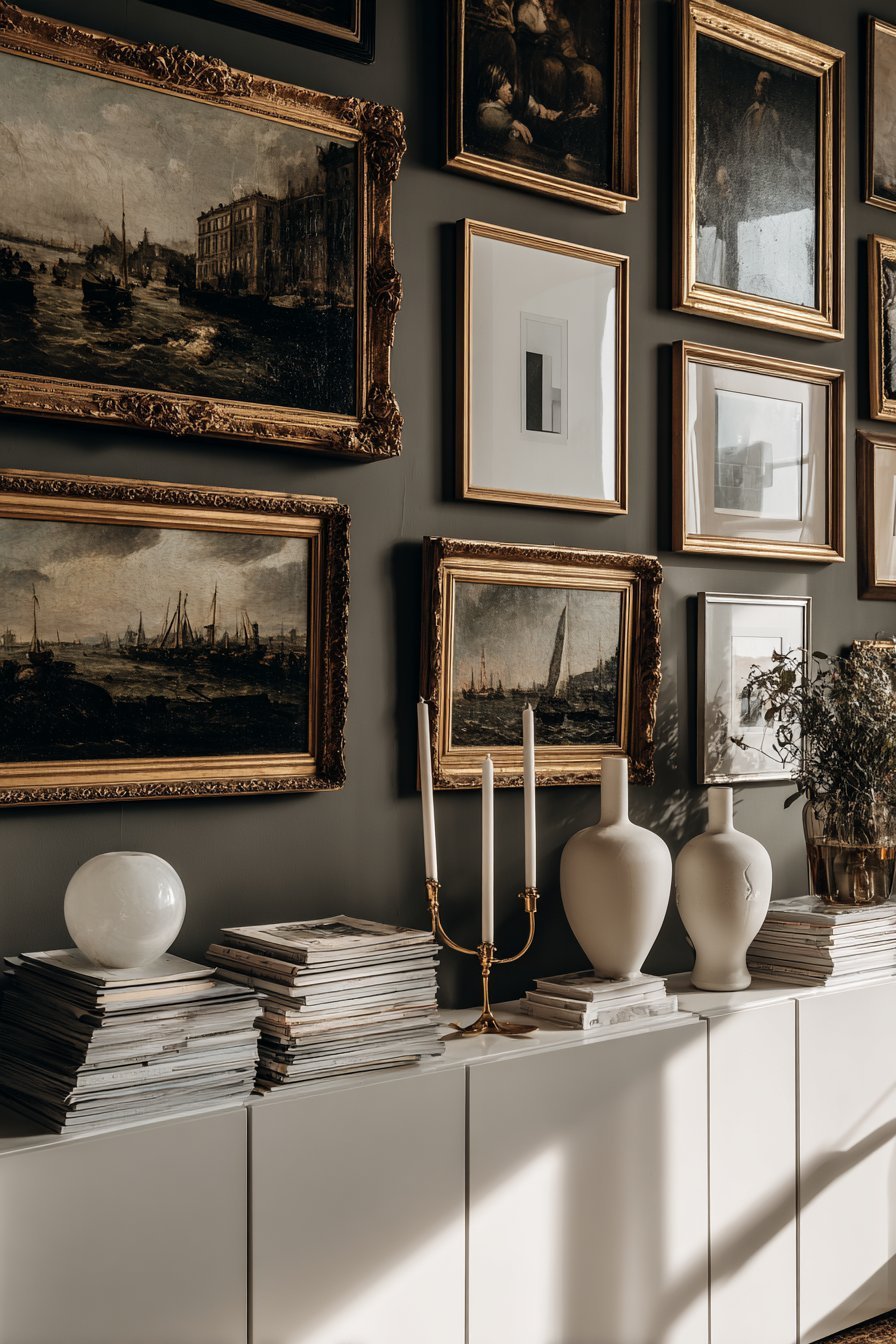 Dramatic Gallery Wall with Mixed Frames