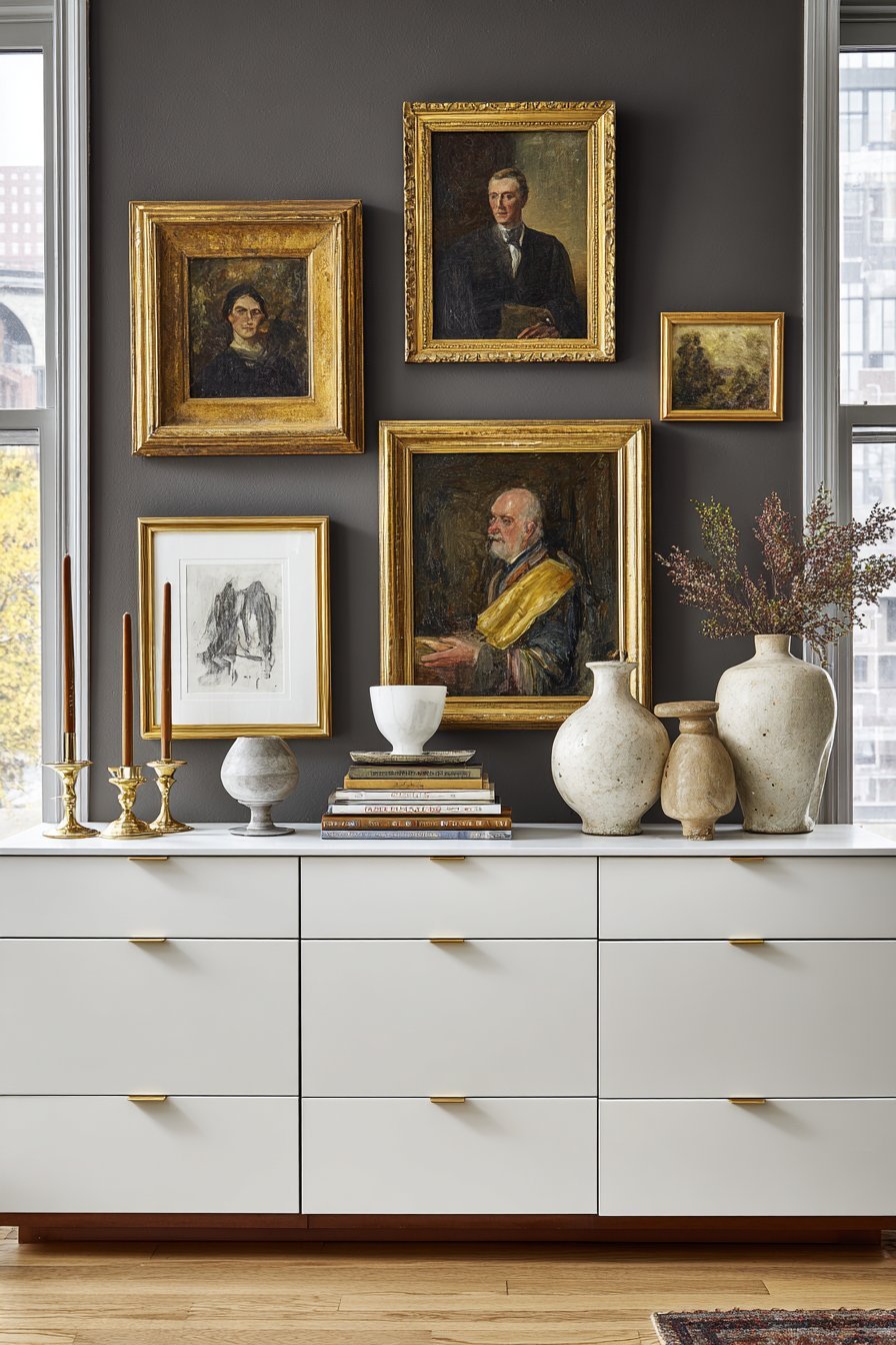 Dramatic Gallery Wall with Mixed Frames