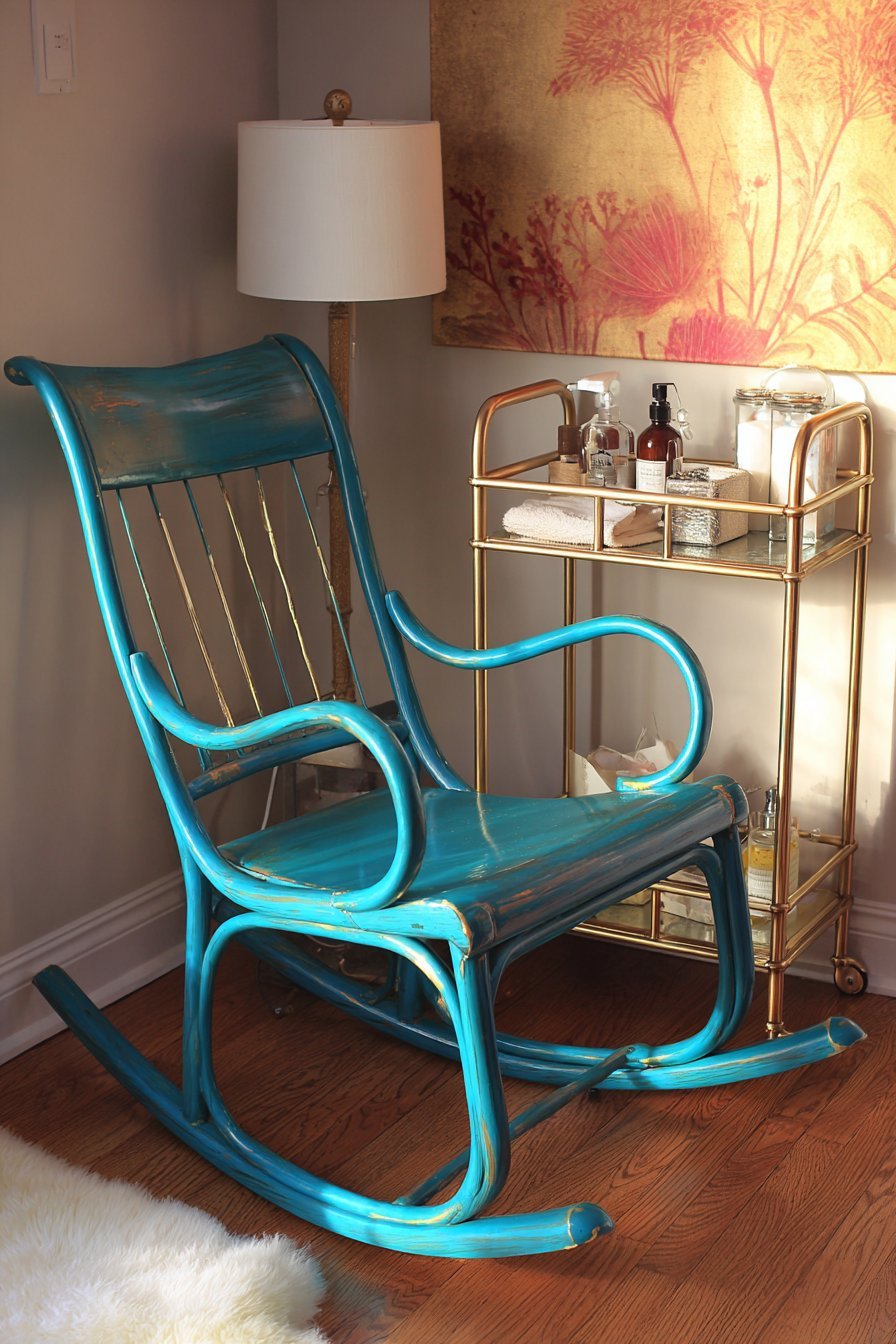 Vintage Rocker on Sheepskin with Feeding Station