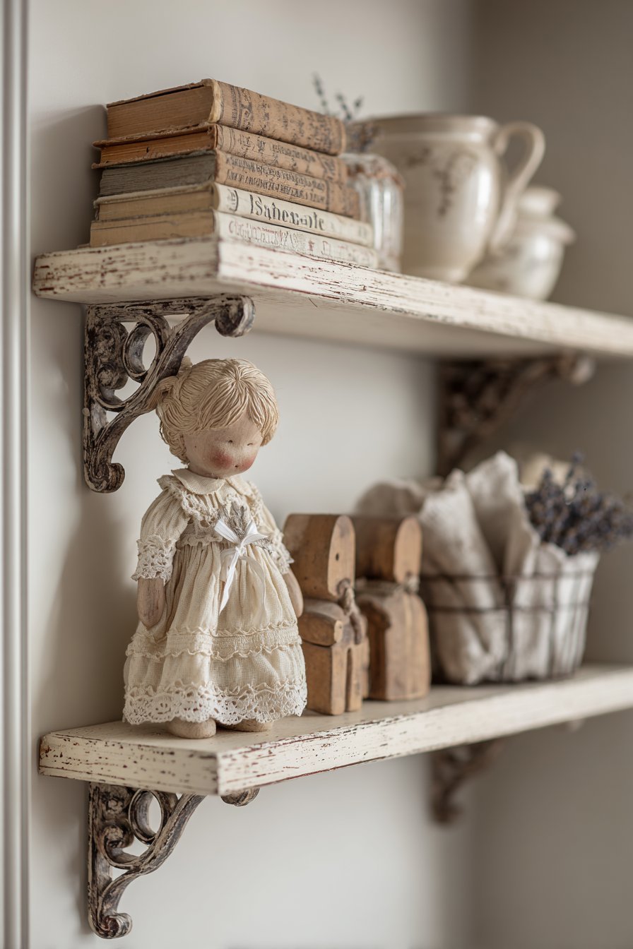 French Country Distressed Cream Shelves with Romantic Details