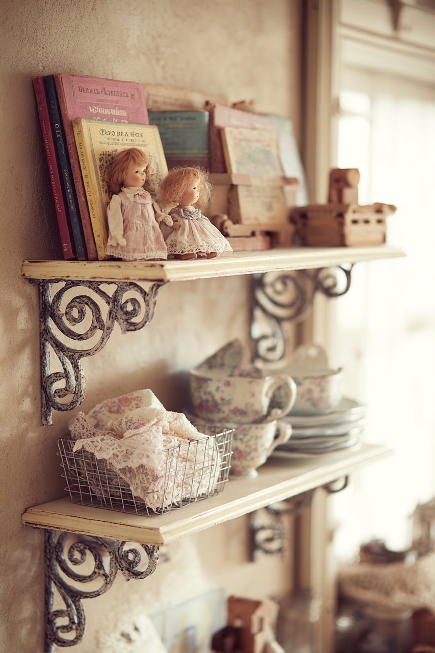 French Country Distressed Cream Shelves with Romantic Details