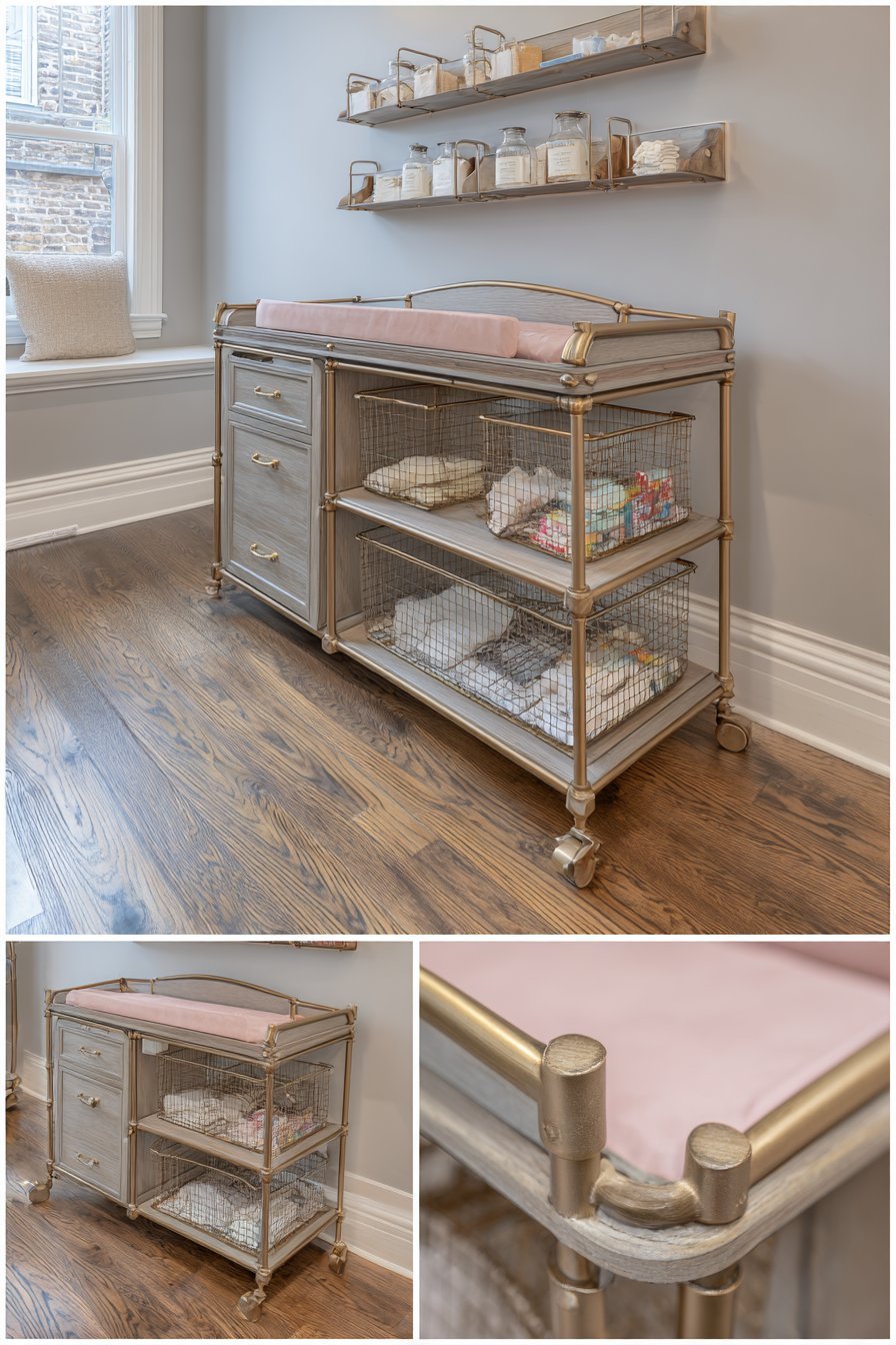 Brushed Brass Rolling Cart Organization