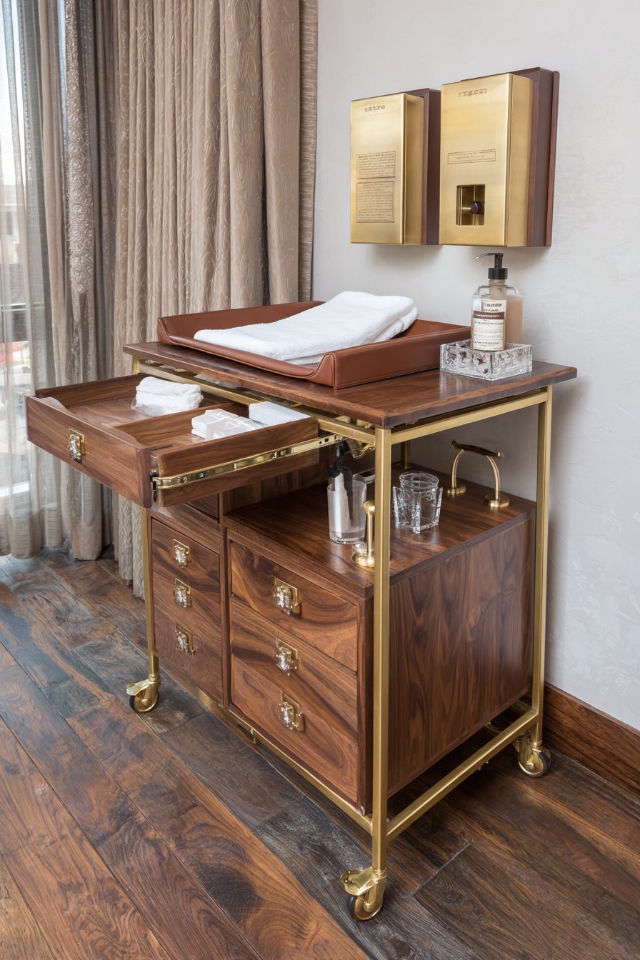 Brushed Brass Rolling Cart Organization