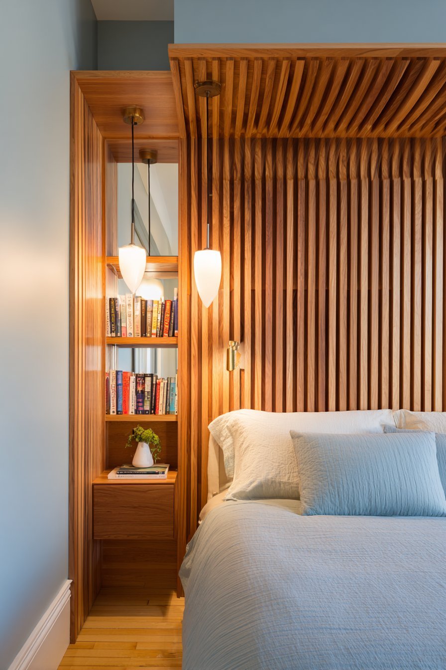 Floor-to-Ceiling Slatted Headboard Wall