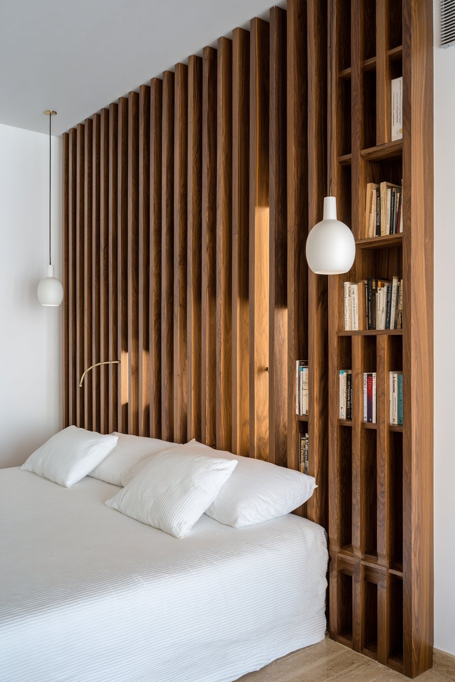 Floor-to-Ceiling Slatted Headboard Wall