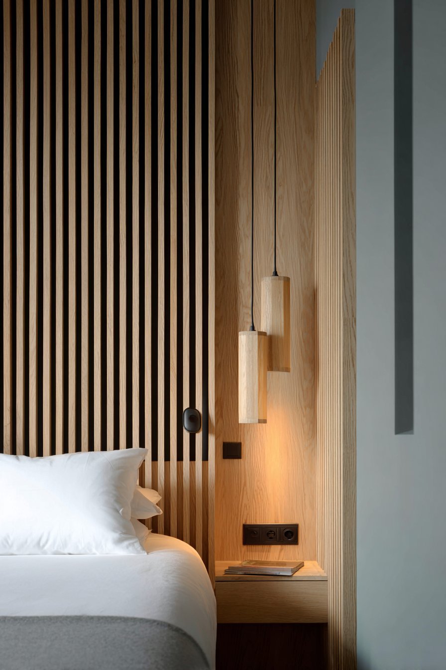 Floor-to-Ceiling Slatted Headboard Wall