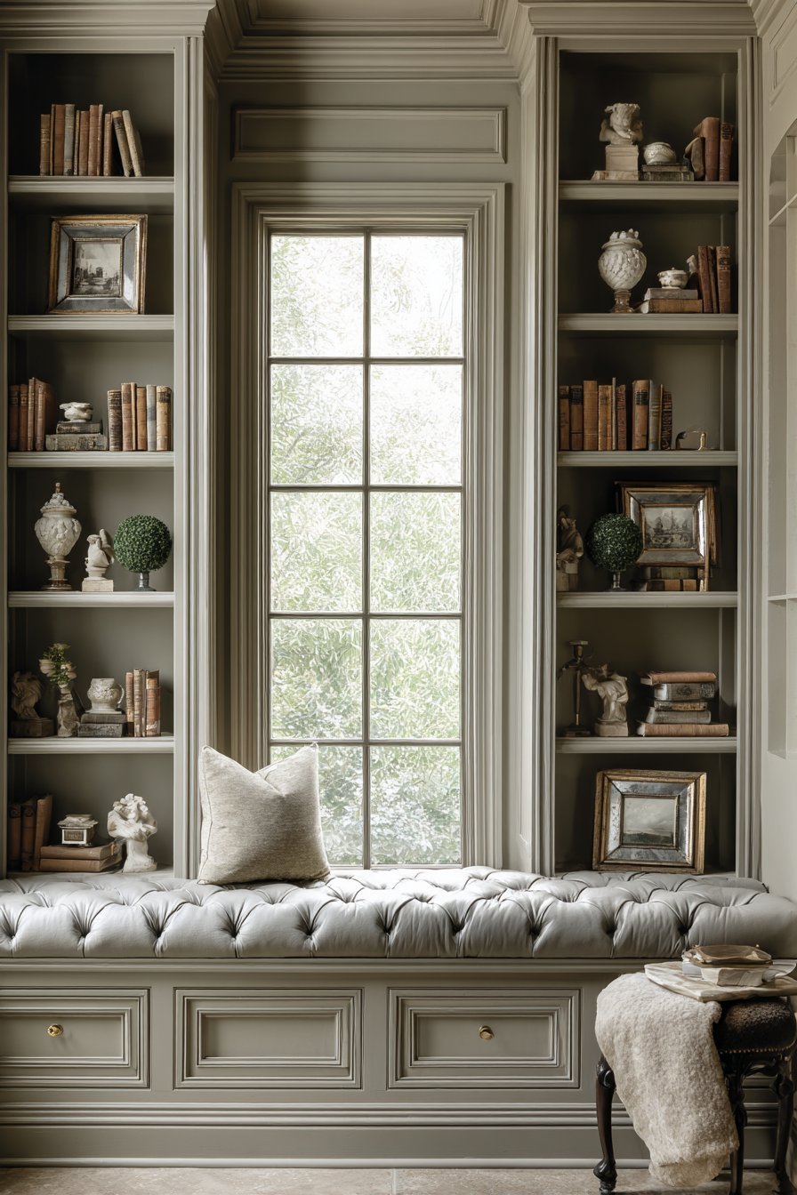 Symmetrical Built-In Shelving with Window Seat